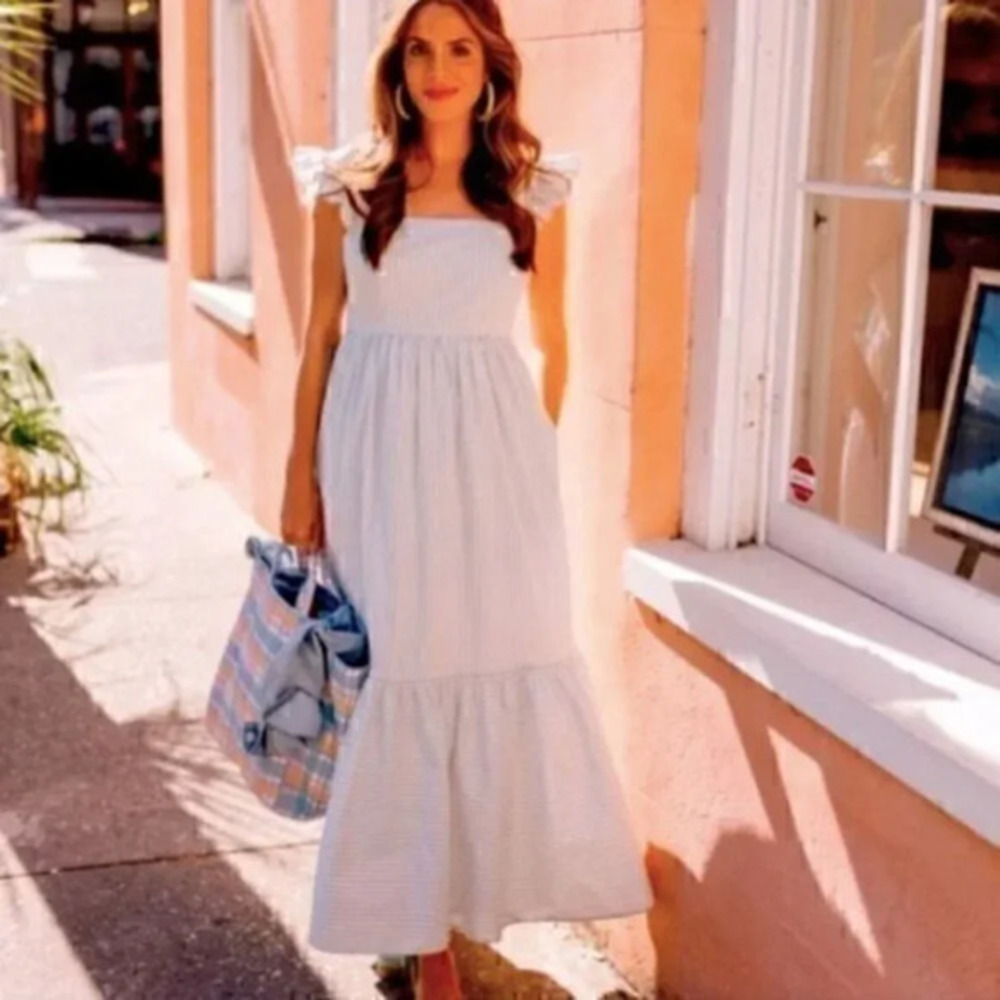NWT Gal Meets Glam Jasmine Blue Striped Ruffle Tiered Maxi Dress